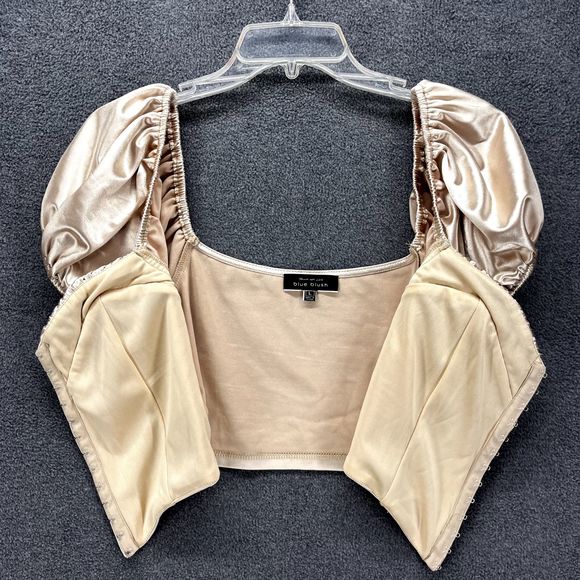 Blue Blush Top womens Large Satin corset Beige Crop Puff short Sleeve sweetheart - Picture 3 of 13